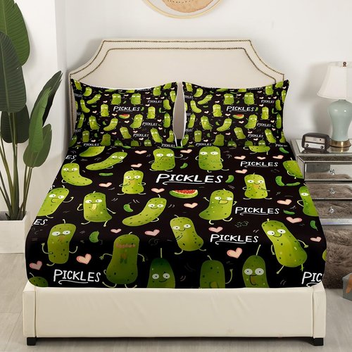 Erosebridal Pickle Fitted Sheet Kawaii Cucumber Kids Bed Sheets Dill Pickle Sheet Twin Love Heart Decor Bed Cover for Boys Girls Teens Bedroom Decor