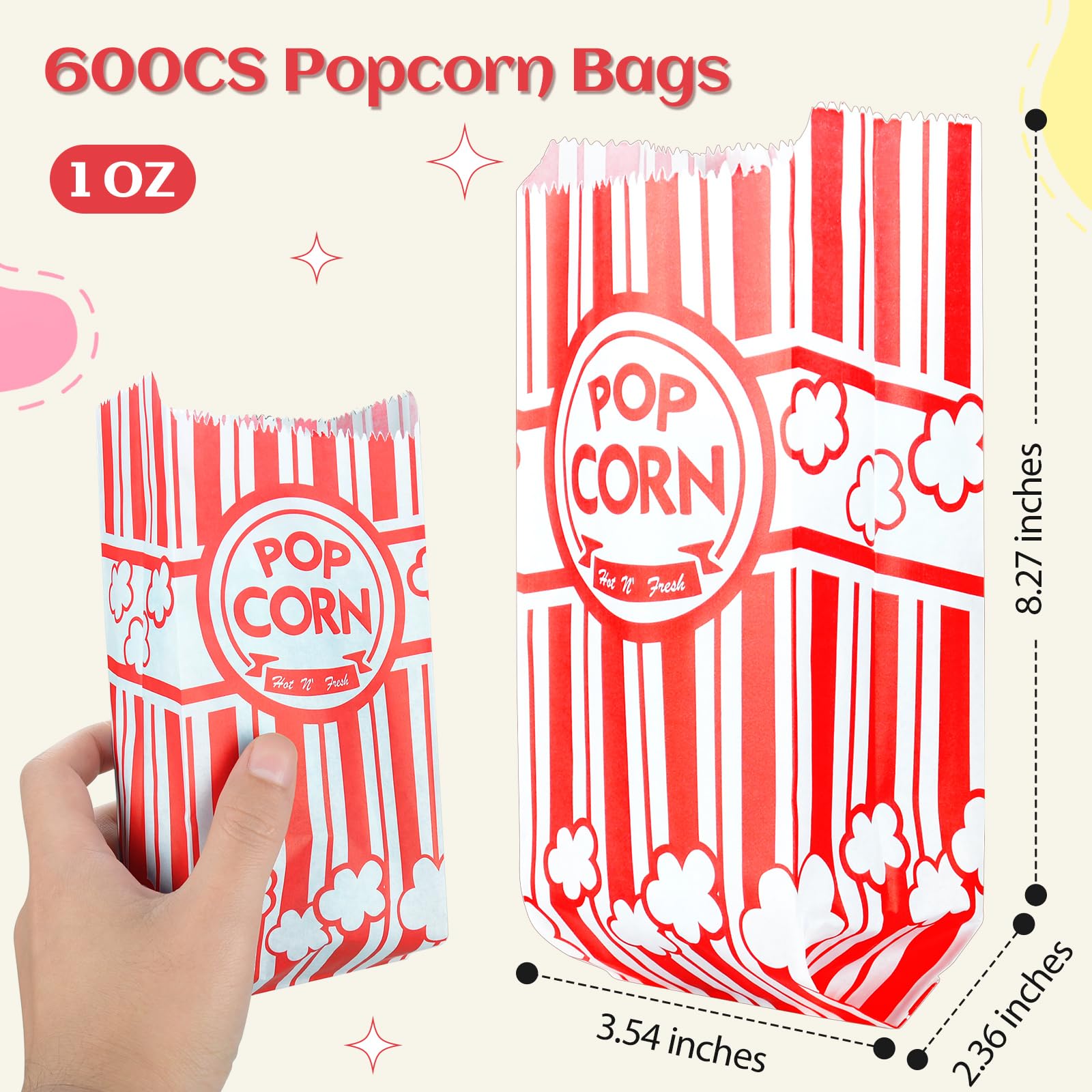 Essenya 602 Pcs Popcorn Bags with Popcorn Scoop and Salt Shaker,1 oz Small Pop Corn Bags Popcorn Bags Individual Servings for Popcorn Machine Supplies Party Movie Night Theater
