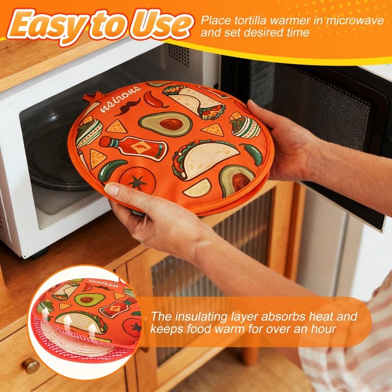 NSIRONS 2Pcs Tortilla Warmer, 12 Inch Insulated Microwave Safe Fabric Tortilla Warmer Pouch to Keep Food Warm for Corn Flour Taco Pizza Bread up to One Hour (2 pack Black&Orange)