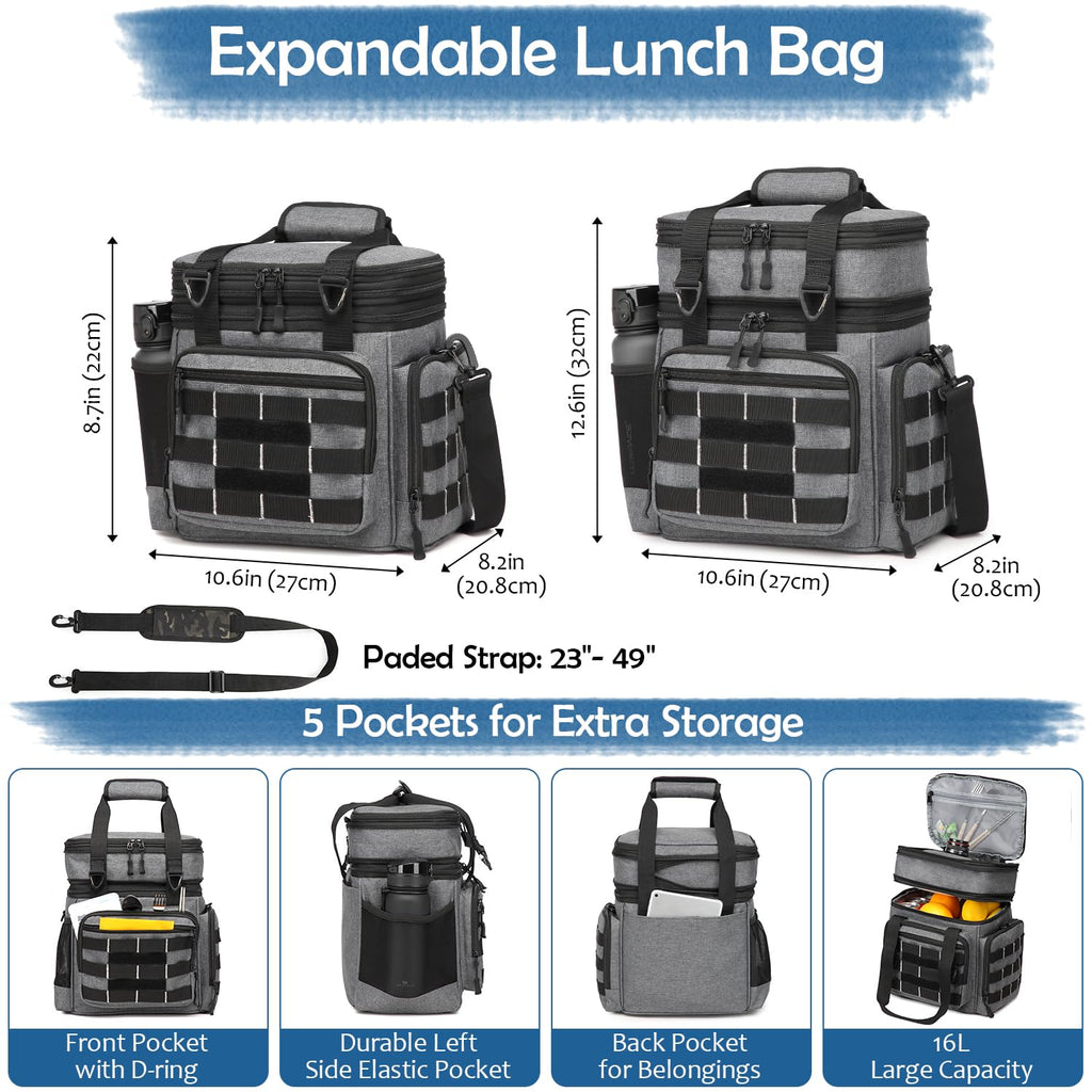 BISKLNDN Tactical Lunch Box for Men - Large Expandable Insulated Lunch Bag Cooler Bag, Soft Mens Lunchbox for Work, Camping, Beach, Picnic, Hiking & Outdoor Shifts, 16L, Black+Gray