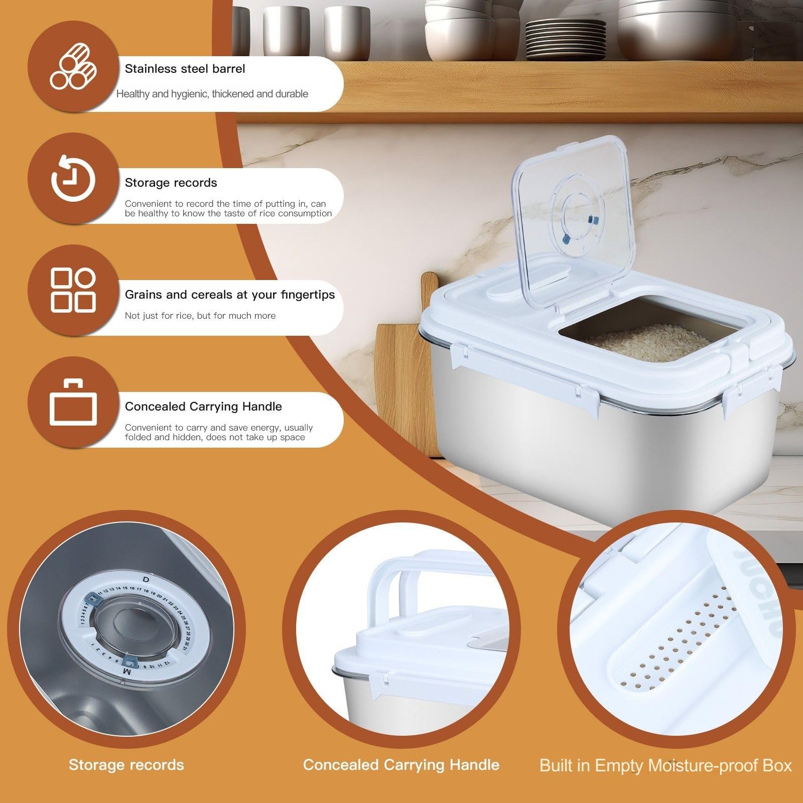 Mairuker 20Lbs Airtight Rice Container with Flip Lid, Stainless Steel Food Storage Container with Date Tracker, Measuring Cup and Spoon, 10L Portable Kitchen Pantry Bin for Flour Grain Sugar - Silver