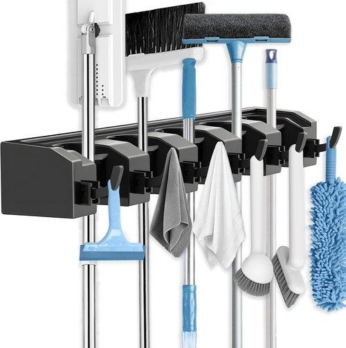 AceMining Broom Holder - Wall Mounted Mop Storage with 5 Holders & 6 Hooks | Durable ABS Plastic, Black