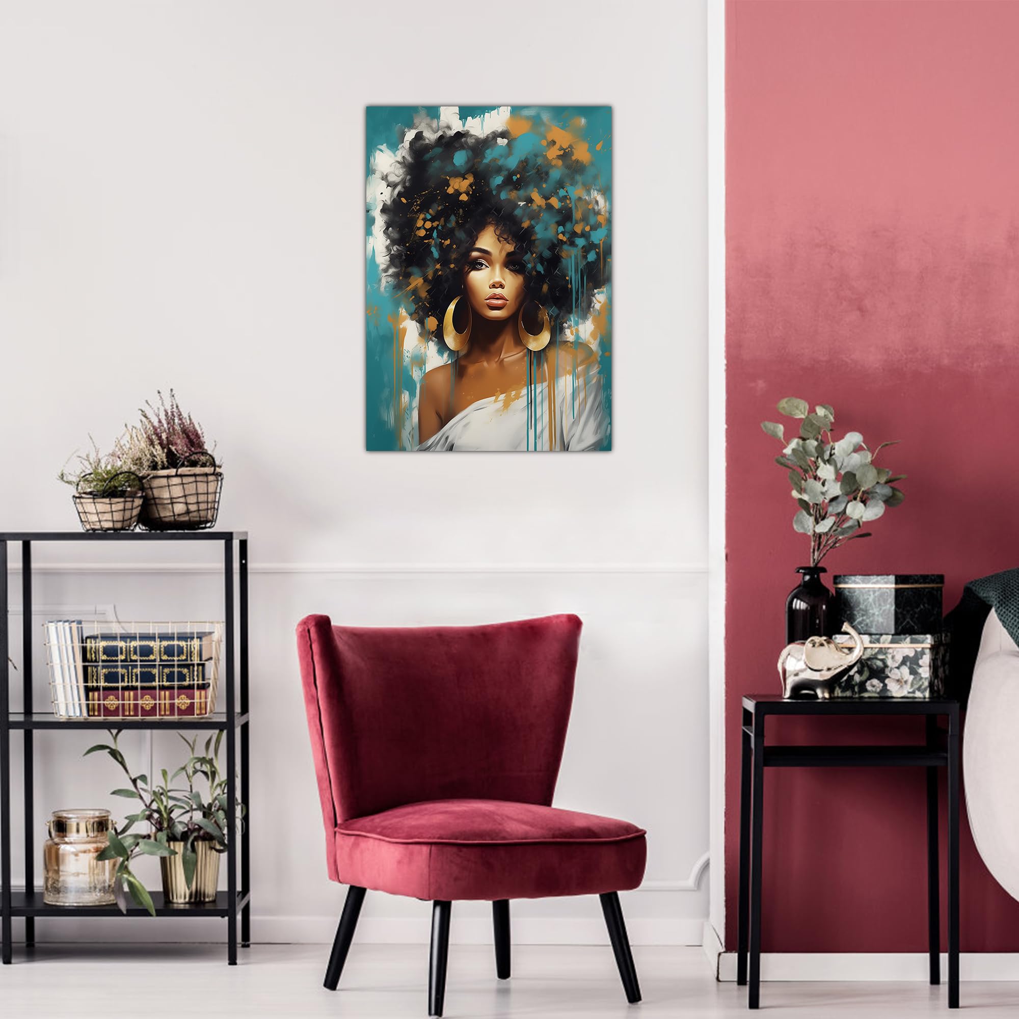 African American Wall Art - Teal Black Girl Wall Art For Bedroom, Black Art Wall Decor For Living Room, Cool Graffiti Black Woman Wall Art Framed Canvas Print Ready To Hang 18x24''