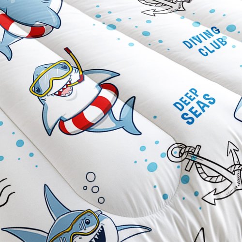 Cute Cartoon Shark Comforter Set, Deep Sea Diving Club Sharks Bedding Bedspread for Kids and Adults, Lovely Marine Life Pattern Quilt Bedroom Decor with 2 Pillow Cases (Queen, 01)