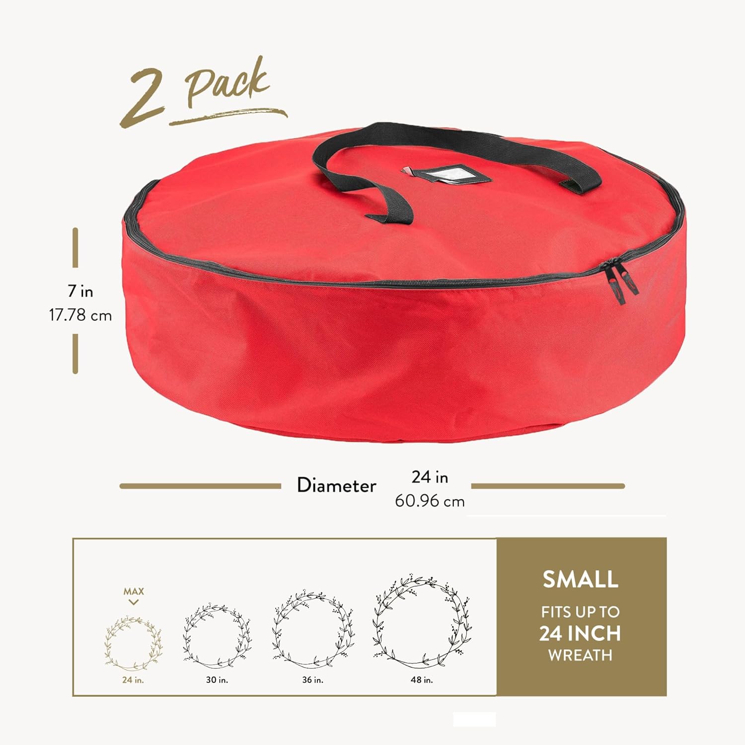 ZOBER Oxford Christmas Wreath Storage Container - 24 Inch Waterproof Bag with Dual Zippers & Durable Handles - Red