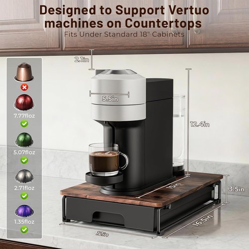 Everie Wooden Coffee Pod Storage Drawer - Large Capacity Organizer for Nespresso VertuoLine, Rustic Brown
