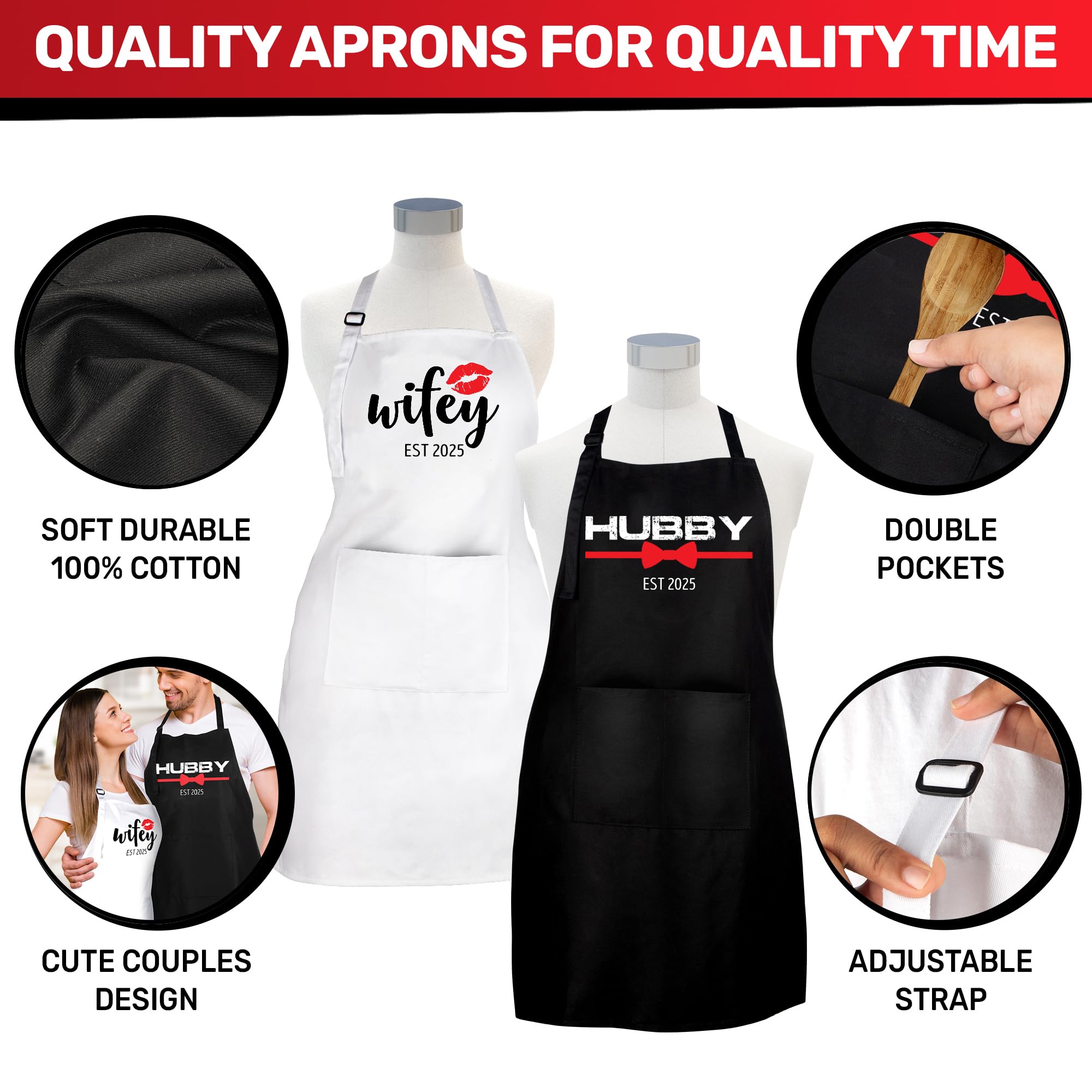 Prazoli Products Mr Mrs Apron Set - Engagement Gifts, Wedding & Bridal Shower Gifts for Couple (Hubby & Wifey Est: 2025, Standard)