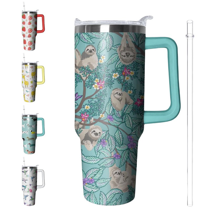 Kearscupra 40 oz Sloth Tumbler with Handle and Straw, Insulated Stainless Steel Cup with Lid, Travel Coffee Mug Water Bottle, Animal Lovers Women Gifts