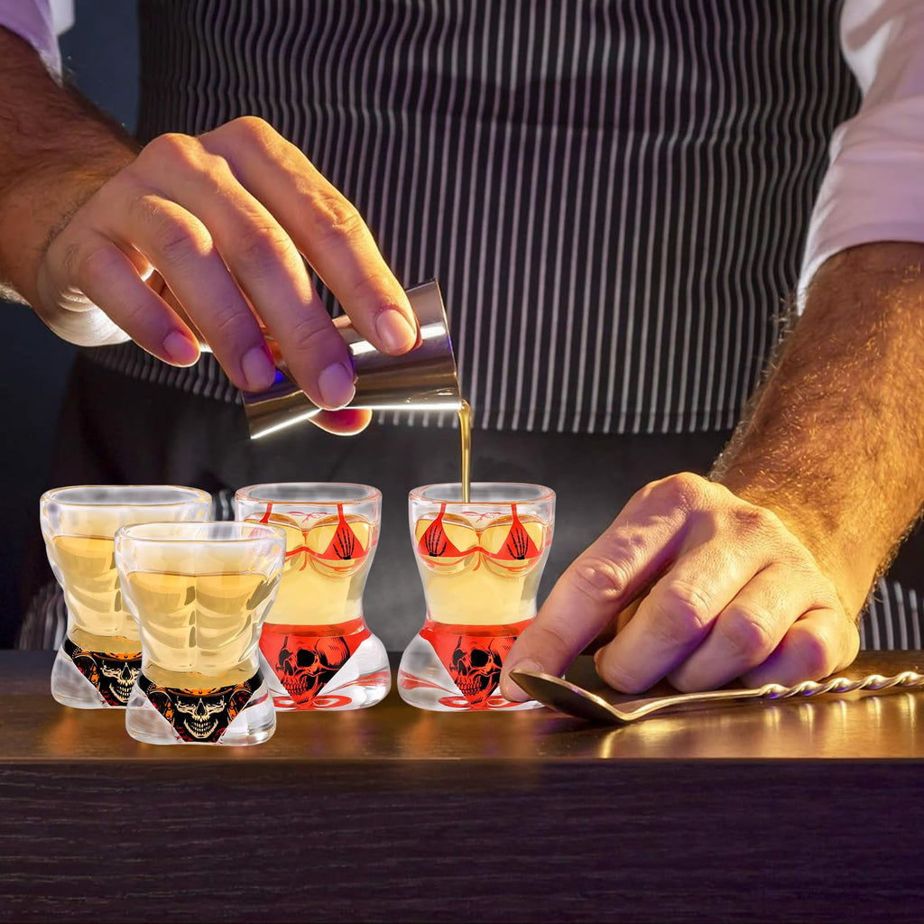 Muscle Man & Bikini Glass Shot Glasses, Personality Skull Design, 30ml Heavy Base Shot Cups Set of 4 with Gift Box for Alcohol Shots, Vodka, Expresso, Tequila & Dessertsor Birthday Christmas Gift