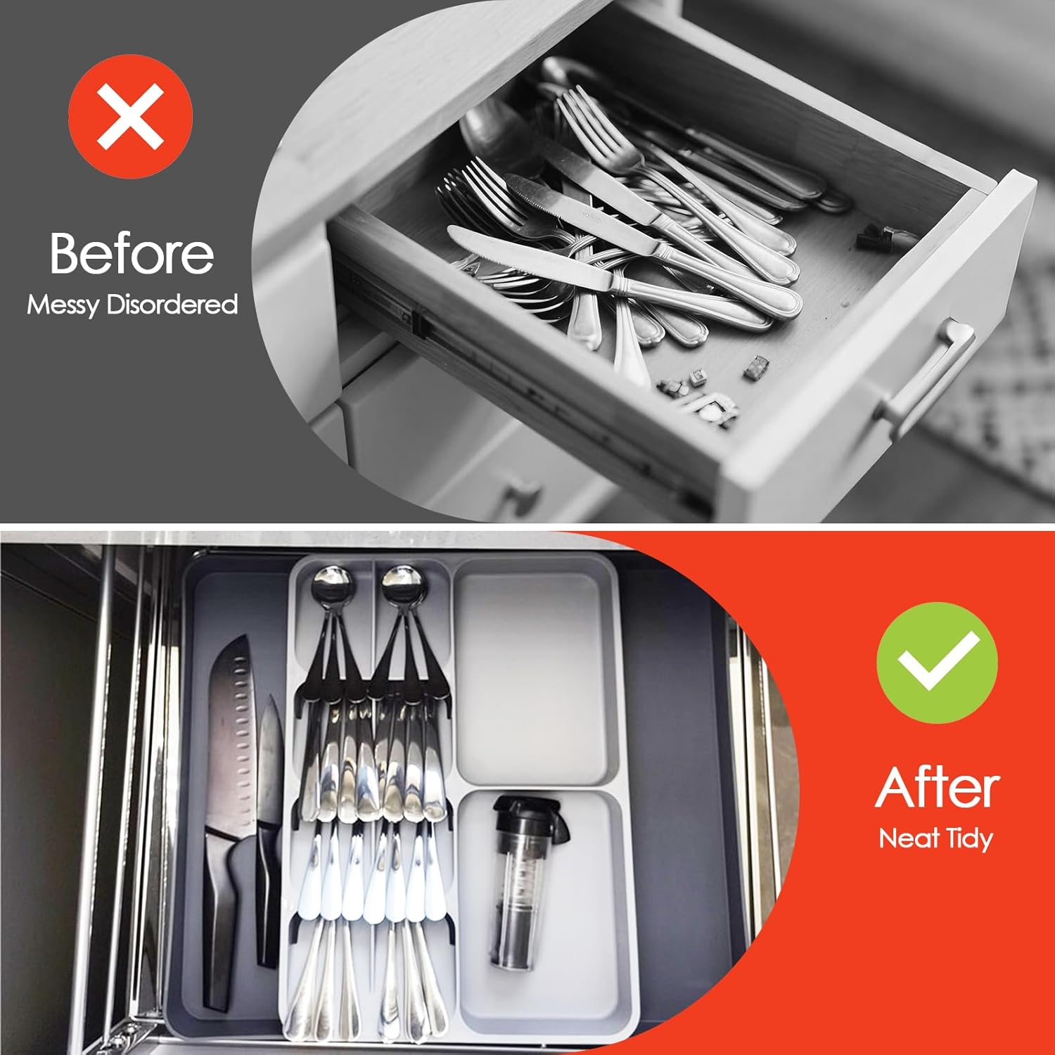 Silverware Organizer - Expandable Cutlery Drawer Tray | Adjustable Plastic Utensil Holder for Home & Kitchen - Large Grey