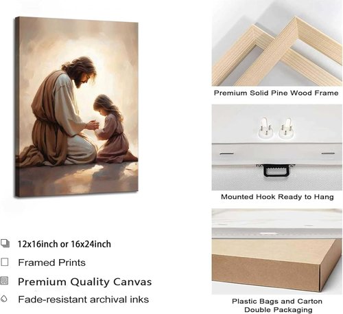 Jesus Praying with Girl Canvas Wall Art - Christian Spiritual Decor for Home & Church | Framed Bible Story Print