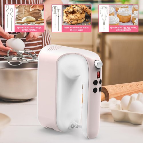 CBQ Hand Mixer Electric, 9 Speed 400W Handheld Mixer with Digital, Touch Button, Turbo, Snop-On Storage Case, 5 Stainless Steel Accessories, Hand Mixer Electric Handheld for Cake, Cookie, Egg (Pink)