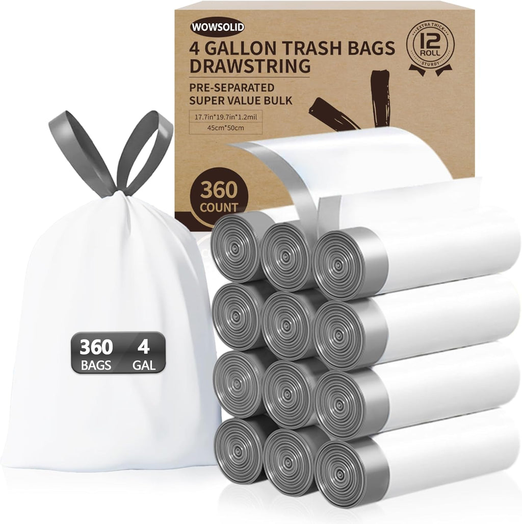 WOWSOLID 4 Gallon Small Trash Bags - 360 Count Drawstring Garbage Bags | 1.2 Mil Thick, Perfect for Mini Bins