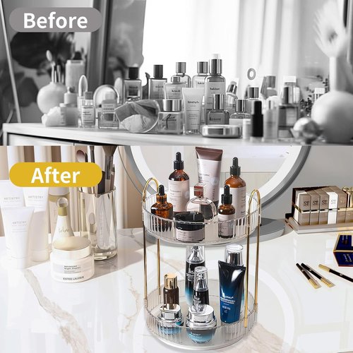 Asayuee 360° Rotating Makeup Organizer - Large Capacity 2-Tier Vanity Storage for Cosmetics & Skincare | Clear