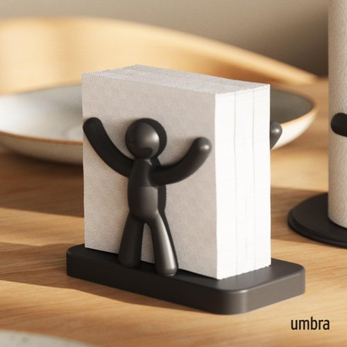 Umbra Buddy Paper Napkin Holder With Fun and Functional Design - Original Molded Wood and Plastic With Matte Black Finish Kitchen & Dining Room Paper Storage - Holds Various Sizes of Paper Napkins