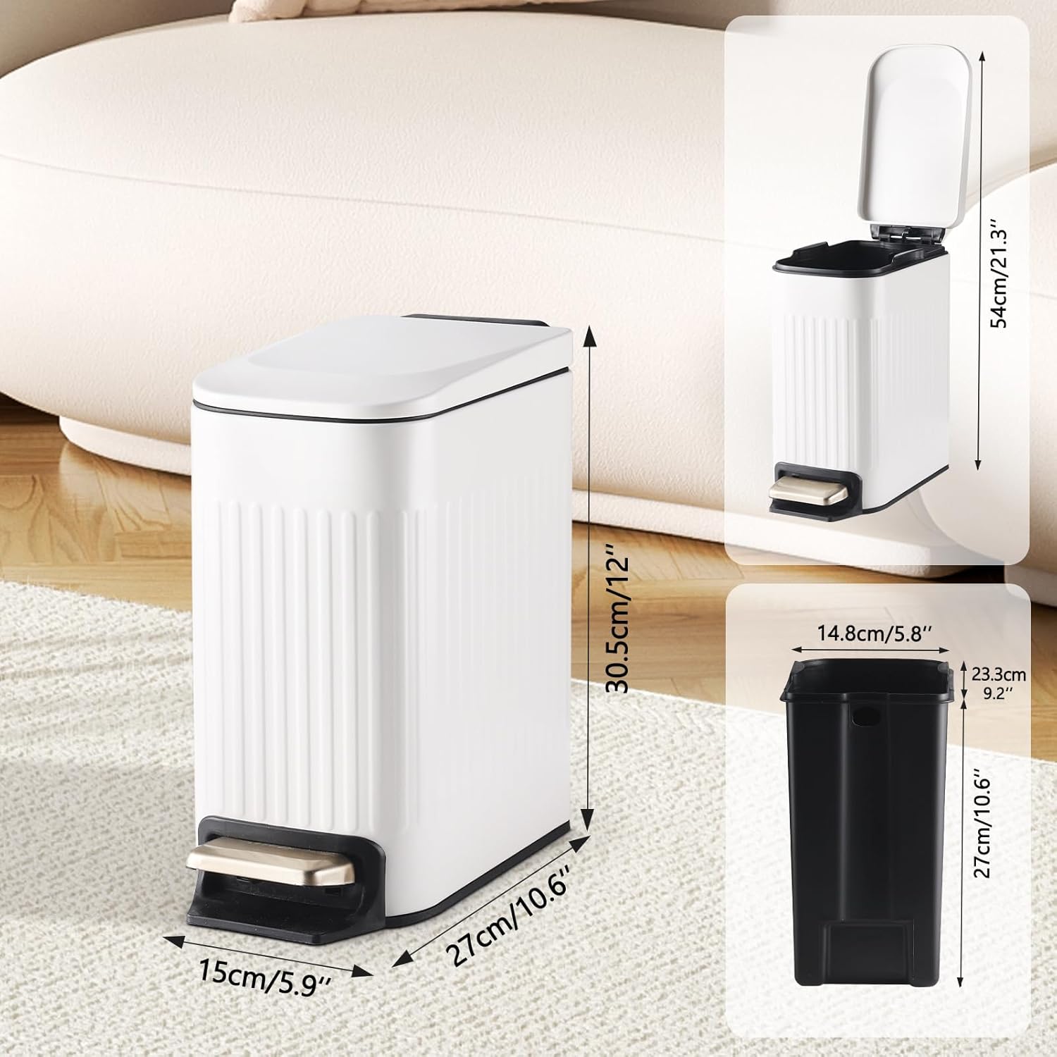 SYNCVIBE Slim Bathroom Trash Can - Soft Close Stainless Steel Step Bin with Removable Inner Bucket | 1.8 Gallons, Matte White
