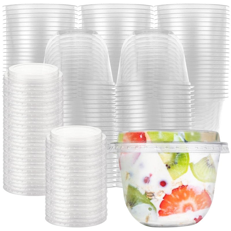 LOPYXBR 100 PCS 10 Oz Plastic Parfait Cups with Flat Lids Disposable Dessert Cups with Lids Clear Plastic Fruit Cups Snack Cups with Lid for Iced Cold Drinks,Cake, Fruit, Parfait, Pudding
