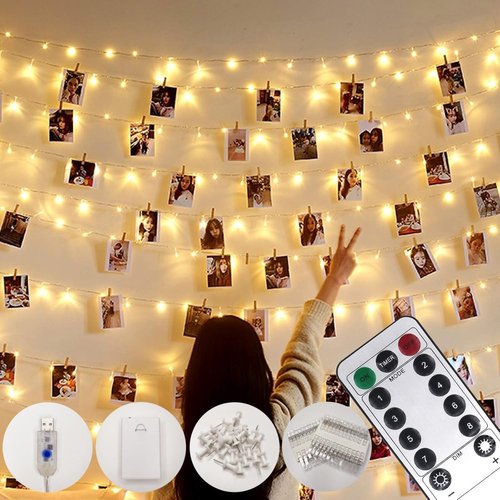 Microwear 33Ft LED Photo Clip String Lights - USB/Battery Powered, 8 Modes, Remote Control | Perfect for Bedroom & Wedding Décor
