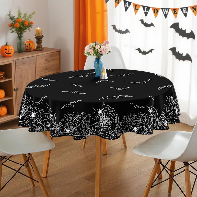 QIALETS Halloween Tablecloth Round 70 inch Black Spider Web Hollow Bat Cobweb Table Covers for Outdoor Indoor Party Decorations
