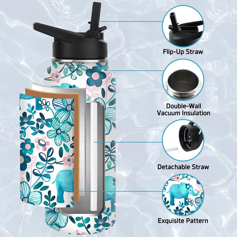 Elephant Water Bottles with Straw, 32 Oz Insulated Stainless Steel Tumbler Cup Mug Elephant Gifts for Women Girls Elephant Lovers