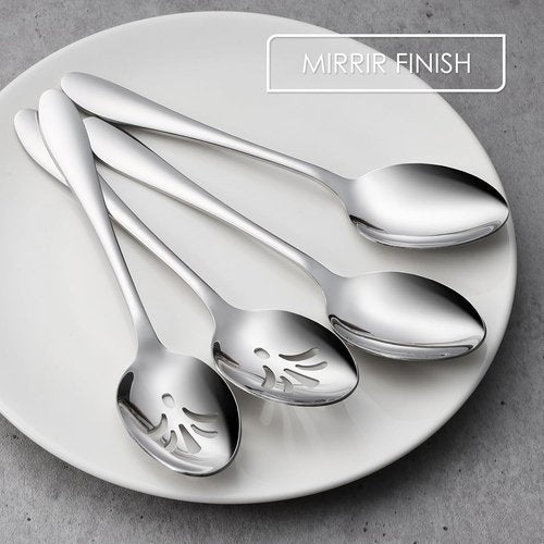 E-far 4-Piece Serving Set | Stainless Steel Buffet Utensils - 2 Spoons & 2 Slotted Spoons, 8.5-Inch, Dishwasher Safe