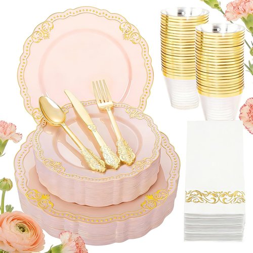 Ciaell 175 PCS Pink and Gold Plastic Plates - Fancy Gold Disposable Dinnerware Set with of 50 Plates, 25 Knives, 25 Forks, 25 Spoons, 25 Cups, 25 Napkins for Party & Weddings & Mother's Day