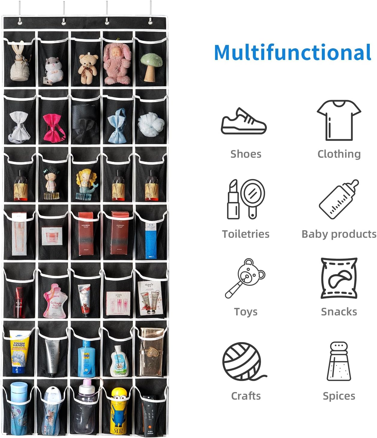 SAVERHO Over The Door Shoe Organizer - 35 Pocket Hanging Storage Bag with 4 Metal Hooks | Black