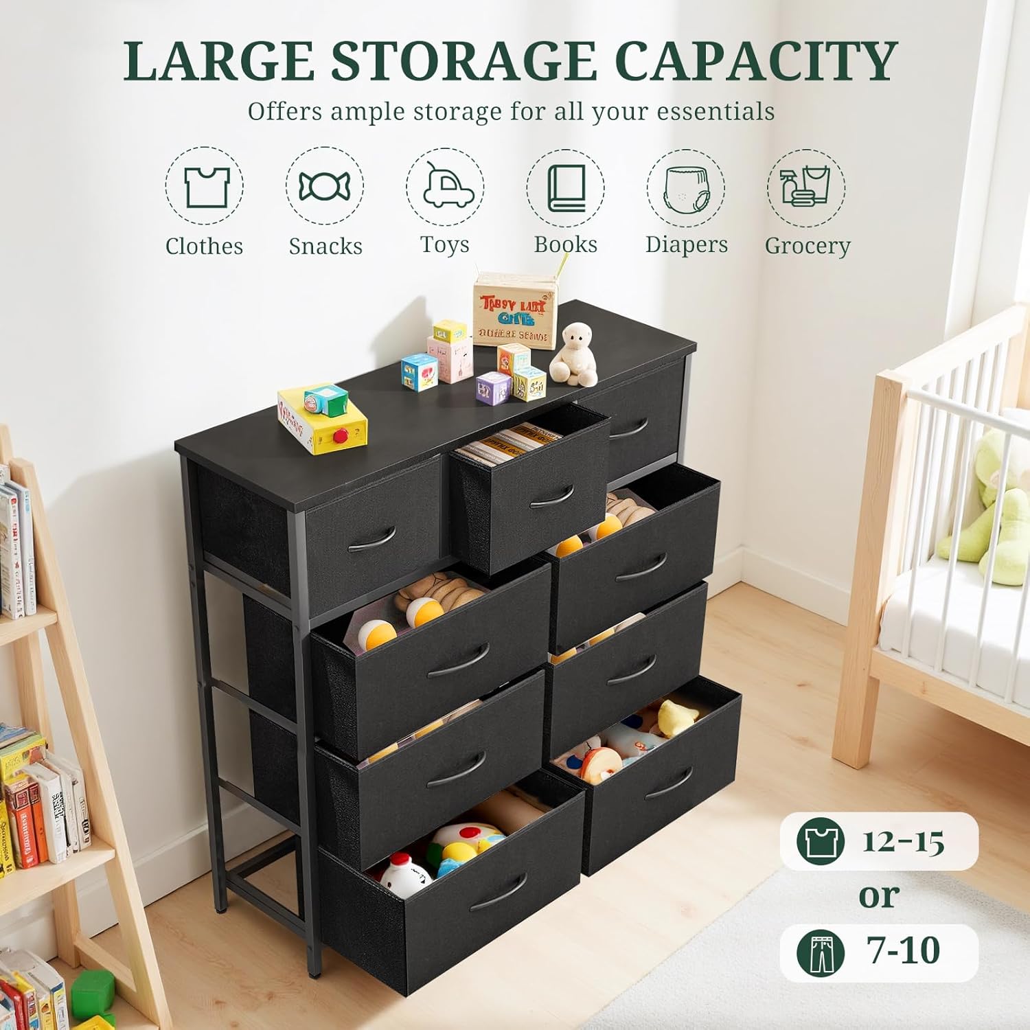 Regine Switzerland 9-Drawer Dresser - Anti-Tip Tall Storage Organizer with Wooden Top & Metal Frame - Black