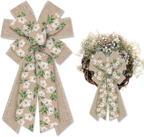 Hying Large Spring Wreath Bow - Burlap White Magnolia Flower Design for Indoor/Outdoor Decor