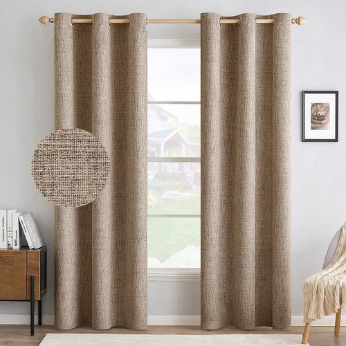MIULEE 100% Blackout Linen Textured Curtains - Thermal Insulated Copper Brown | Room Darkening Drapes 42 x 90 Inch (2 Panels)