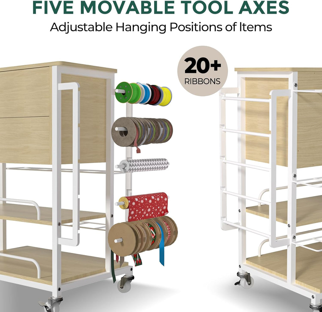 Skiennix Wrapping Paper Organizer - Craft Cart with Ribbon & Gift Bag Storage | Oak Finish, 2 Drawers
