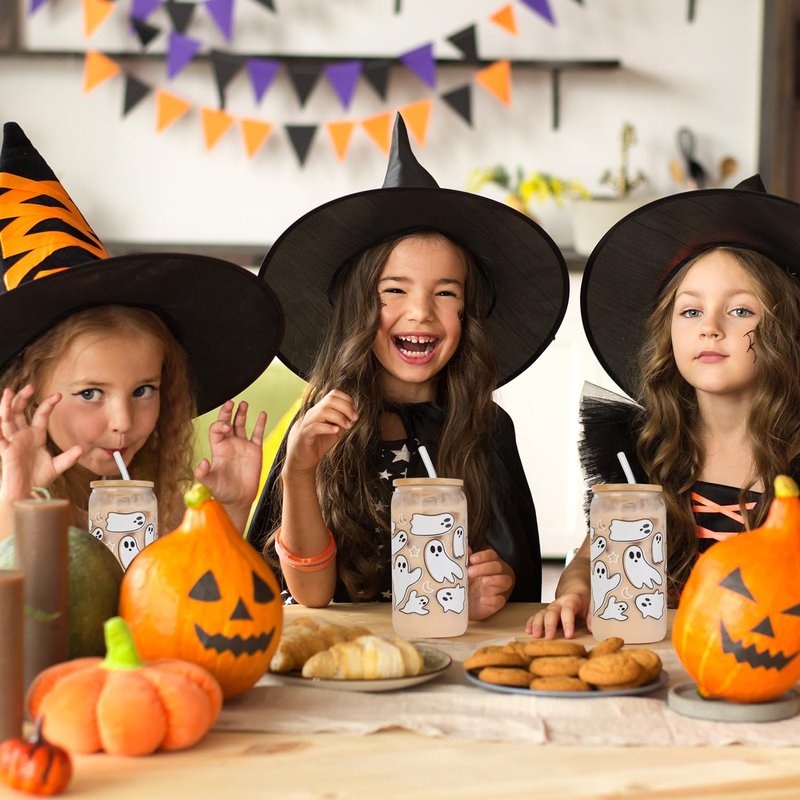 Halloween Pumpkin Ghost Glass Cup with Lids and Straws, 16 oz Glass Tumbler, Spooky Iced Coffee Mug for Smoothie, Cute Halloween Gifts for Women, Girls - Boo Basket Stuffers, Spooky Gifts for Teens