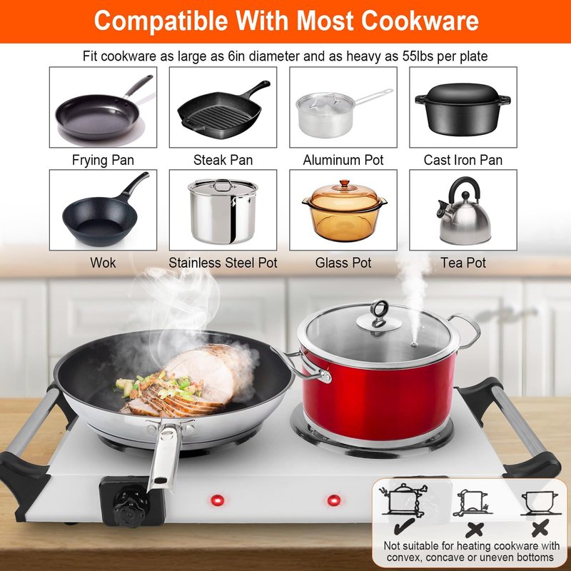 Zorpupoa Electric Hot Plate, 2000W Countertop Double Burner with Adjustable Temperature & Handles, Stainless Steel Coil Electric Stove for Cooking Cooktop for Home Kitchen Dorm RV Camp, Black, Small