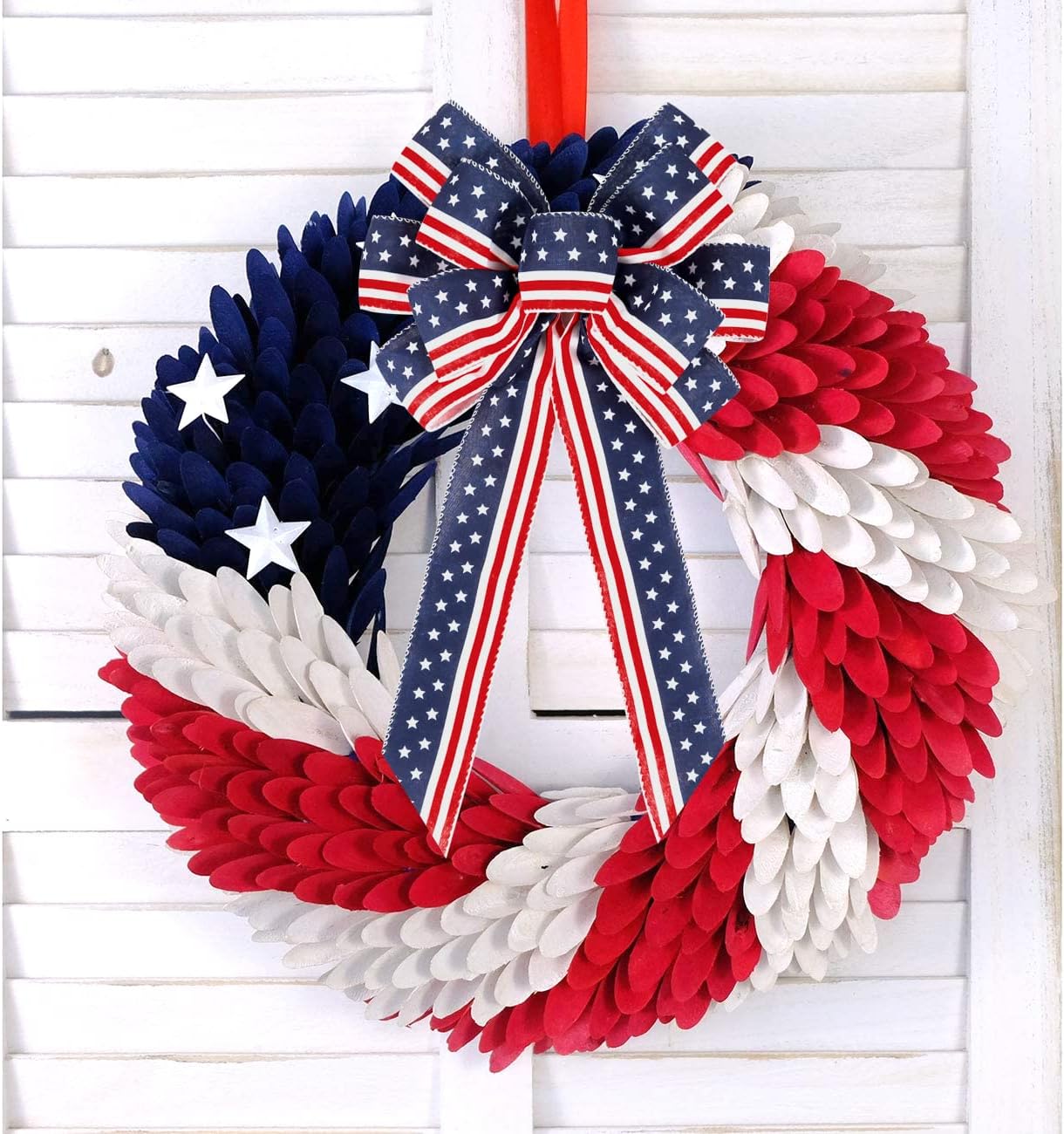 Patriotic 4th of July Decor Bow - Red, White & Blue Stripe Stars | 2 Pack Wreath & Tree Topper