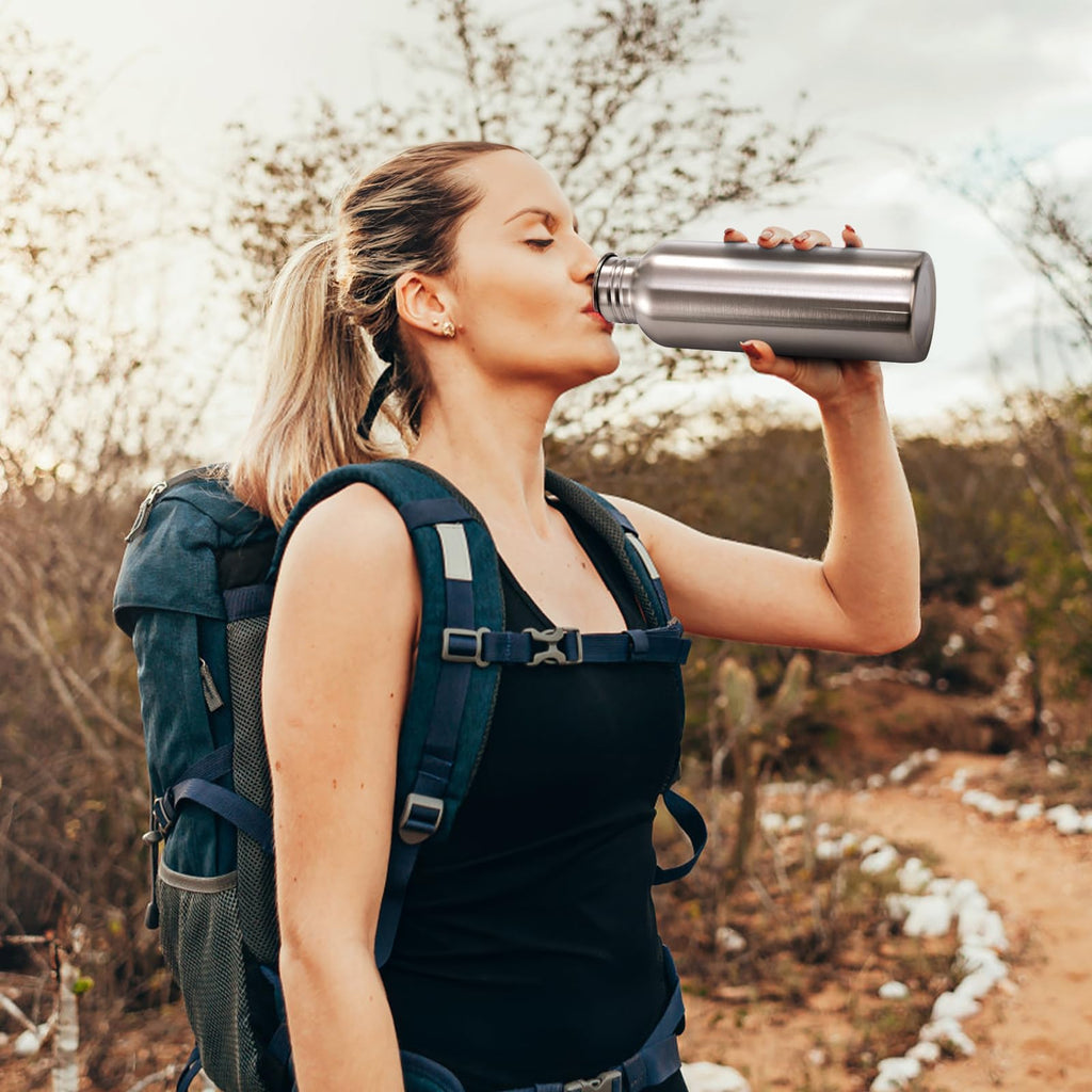 Yopay 2 Pack Stainless Steel Sports Water Bottles, 26OZ Single Walled 18/8 Stainless Steel Water Bottle with Handle, Uninsulate Metal Water Bottle for Cyclists, Runners, Hikers, Beach Goers, Picnics