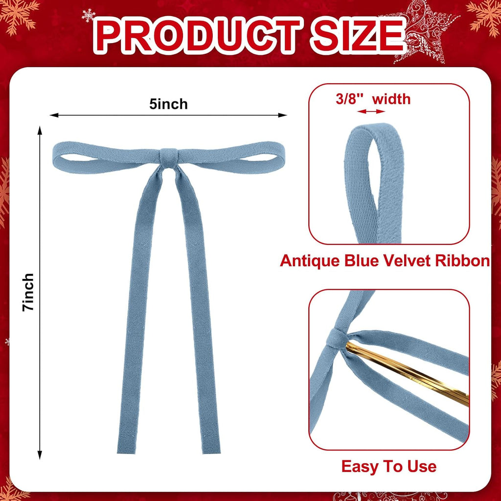 Skiennix Velvet Bows Christmas Tree Ornaments - Vintage Double-Faced Ribbon Bows | 24 Pcs, Dusty Blue (5 x 7 Inch)