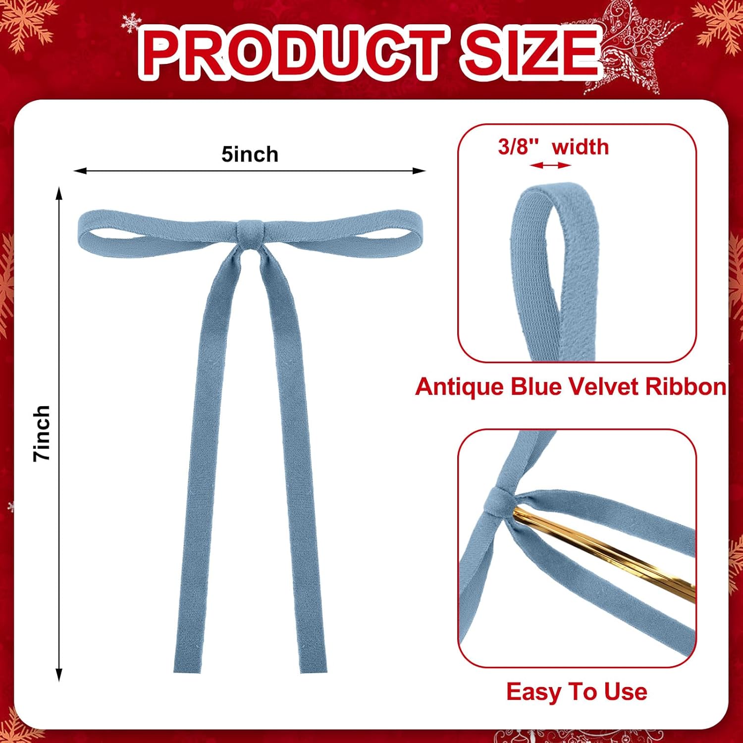 Skiennix Velvet Bows Christmas Tree Ornaments - Vintage Double-Faced Ribbon Bows | 24 Pcs, Dusty Blue (5 x 7 Inch)