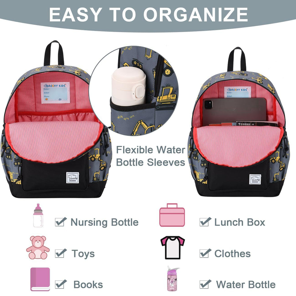 VASCHY Toddler Kids Backpacks, Cute Lightweight Water Resistant Preschool Backpack for Little Boys with Chest Strap Excavator