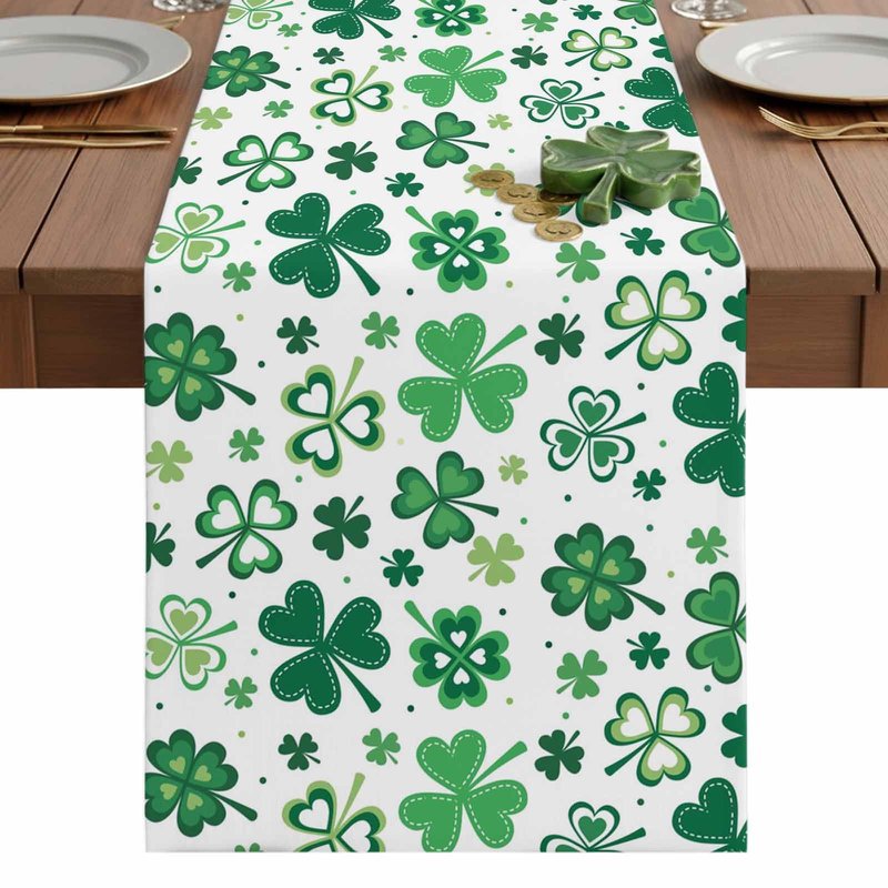 St Patrick's Day Green Shamrocks/Clover Table Runners Cotton Linen Non-Slip Rectangle Dresser Scarves for Spring Party Holiday Kitchen Dining Banquet/Family Gathering Home Decor,13" x 70" Long