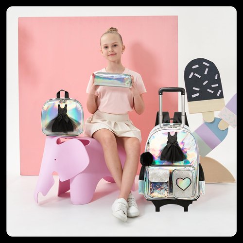 Meetbelify Rolling Backpack for Girls Backpack with Wheels for Elementary Student Kids School Bag with Lunch Box Pencil Case for Girls Ages 6-8 Years Old Black