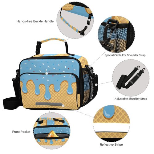 ALAZA Blue Ice Cream Lunch Box for Girls Kids Insulated Lunch Bag Boys Lunchbox Reusable Cooler Tote Freezable Shoulder Strap for School Picnic