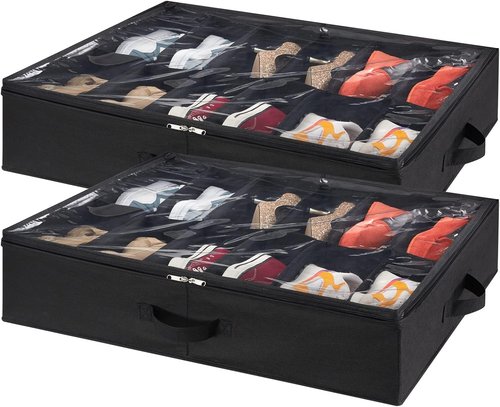 Lifewit Under Bed Shoe Storage Organizer - Set of 2 Foldable Fabric Boxes | Fits 24 Pairs, Black