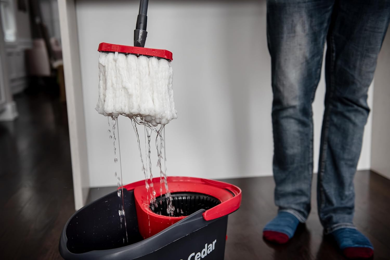 O-Cedar EasyWring Microfiber Spin Mop & Bucket System - Includes 1 Extra Refill, Red/Gray