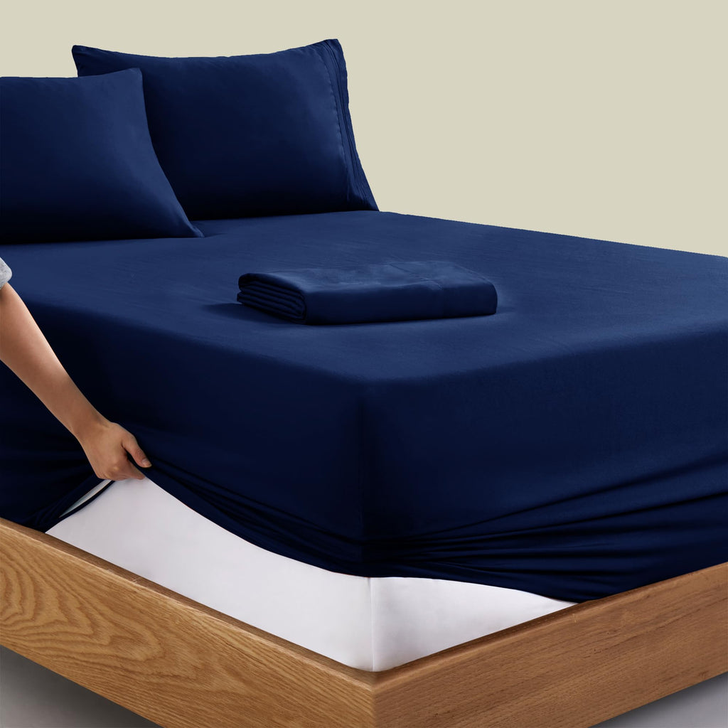 Manyshofu Extra Deep Pocket King Size Sheets - Hotel Luxury 1800 Thread Count Sheets & Pillowcases - Microfiber Bedding Set up to 24" Mattress - Navy Blue Bed Sheets 18-24 Inch Deep Pockets - 4 Piece