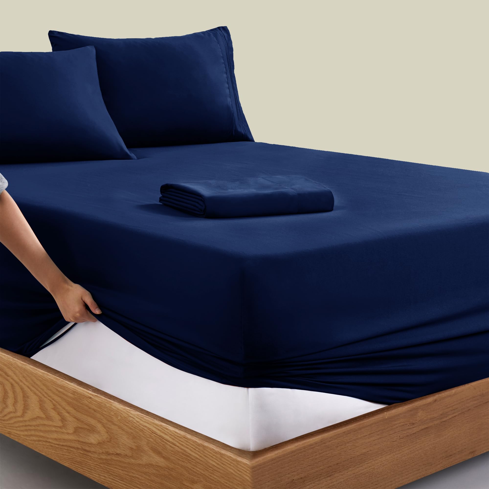 Manyshofu Extra Deep Pocket King Size Sheets - Hotel Luxury 1800 Thread Count Sheets & Pillowcases - Microfiber Bedding Set up to 24" Mattress - Navy Blue Bed Sheets 18-24 Inch Deep Pockets - 4 Piece