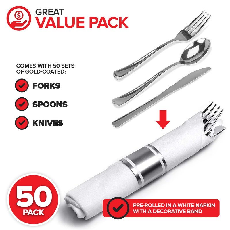 200 Pieces Pre Rolled Silver Plastic Cutlery Set, Individually Wrapped Plastic Silverware Set with 50 Forks, 50 Knives, 50 Spoons, 50 Napkins, Utensils for Weddings, Service for 50 Guests