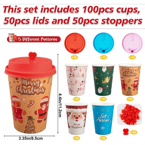 CUPLOOV 100 Pack Christmas Hot Coffee Cups with 50Pcs Lids, Xmas 12 Oz To Go Coffee Cup Hot Chocolate Cups, Christmas Disposable Paper Cups for Cold Drinks Holiday Winter Party Supplies