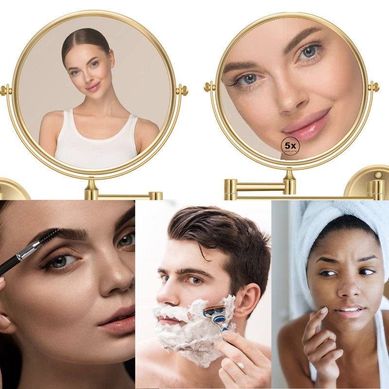 RECKODOR 8 Inch Bathroom Makeup Mirror Wall Mounted Gold, 360 Swivel Vanity Mirror with Magnification, Extendable Arm, 1X/5X Two-Sided, Brass Material, Brushed Light Gold