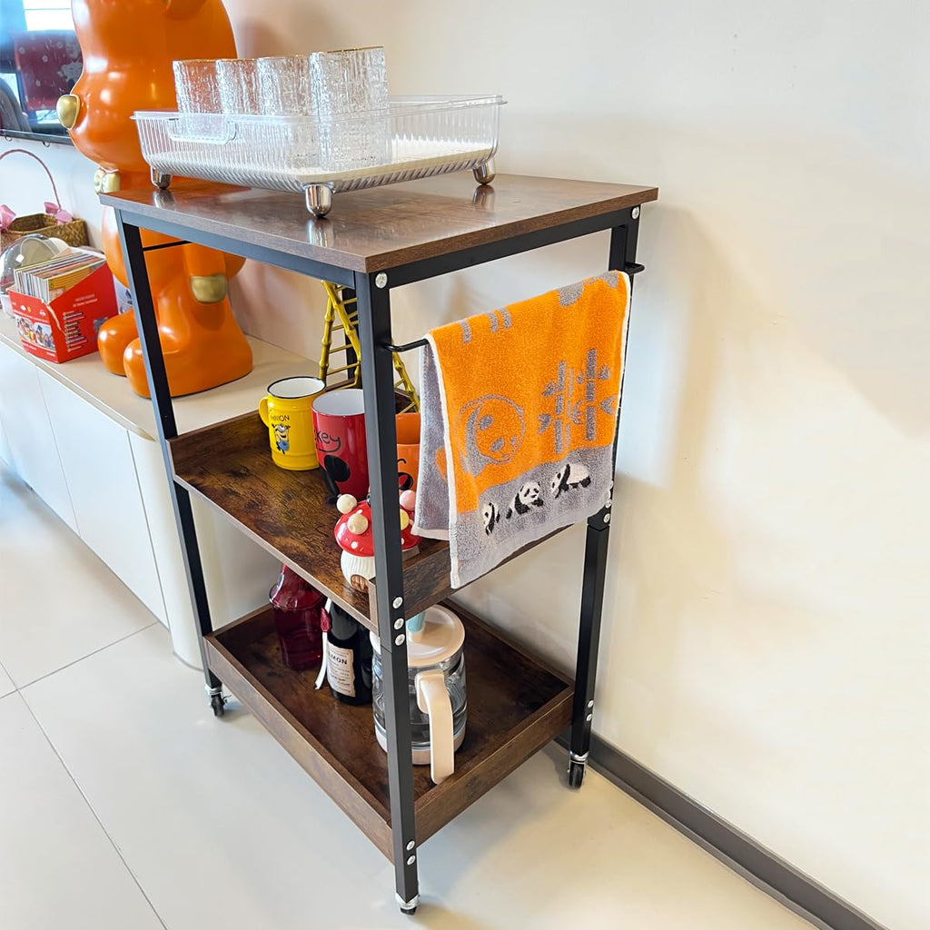 Kersiki 3-Tier Rolling Utility Cart with Table Top- Wooden Utility Cart wit Wheels- Kitchen Storage Microwave Table Stand, Mesh Shelves, for Living and Kitchen Room Office (Brown)