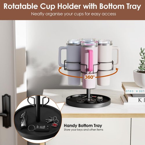 Kssiaz Water Bottle Organizer for Stanley 40 oz Tumbler with Handle, 4 Slots Rotatable Stanley Cup Organizer Holder, Tumbler Organizer for Kitchen Cabinets with Tray, Black